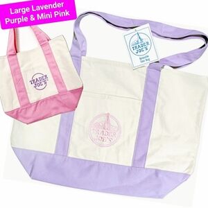 NEW Trader Joes LARGE PURPLE Canvas Tote and 1 MINI pastel pink tote Lot of 2